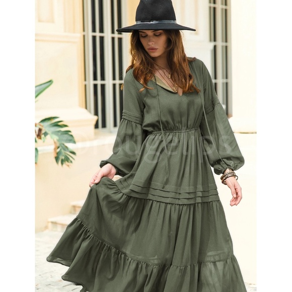 Army Green Bohemian Maxi Dress Chiffon Neck Ties Long Sleeve Ruffle Hem Flowy - Picture 8 of 10